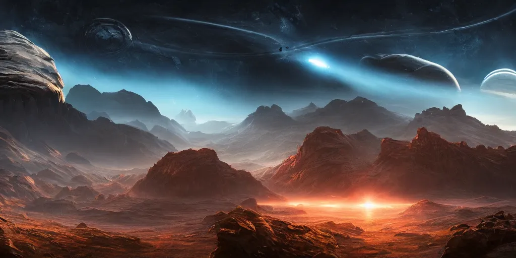 Image similar to alien environment with epic mountains and cliffs and planets in the sky by james clyne, epic lighting, cinematographic, 8 k, award winning, ultra detailed
