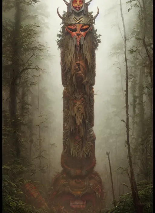 Prompt: a totem in the jungle surrounded by mist, swith faces of ancestors in the mask wearing tribal masks, hyper detailed, art by christophe vacher