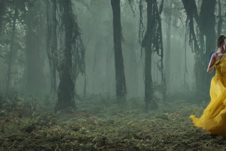 Prompt: A hyper realistic movie still of young woman in a yellow dress as a sorcerer dancing in with spirits in a mystical forest of an exotic world, by Chiara Bautisya, annihilation movie, blade runner movie, in style of Laurie Greasley, Jen Bartel, Background by Tarmo Juhola, kowloon, cinematography Roger Deakins,