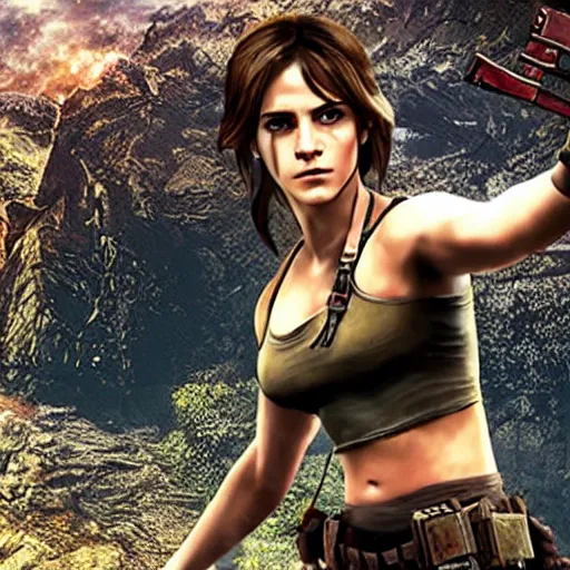 Image similar to Screenshot of Emma Watson as Lara Croft video game