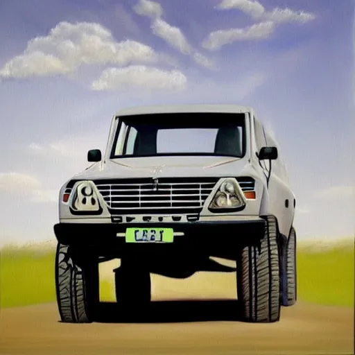 Image similar to realistic painting of a suv in the air