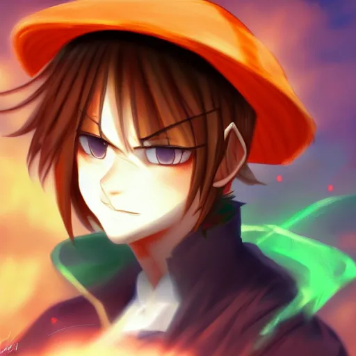 Prompt: A young calico cat sorcerer in orange robes with some green patches in his hat anime digital art trending on artstation 8K