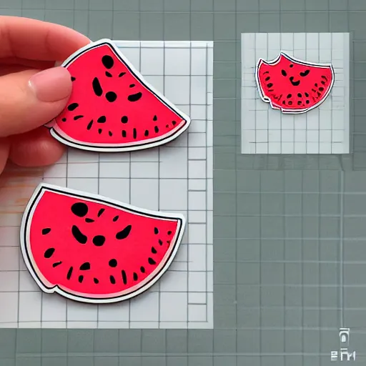 Prompt: hand holding cartoon diecut sticker of cute kawaii watermellon slice with white border and light gray background