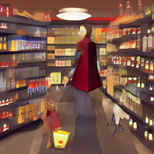 Image similar to a vampire shopping in a grocery store full of bags of blood, realistic,