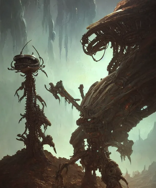 Image similar to an alien robot, holding a katana, standing in an alien landscape, old and rusty, dnd character art portrait, matte fantasy painting, deviantart artstation, by jason felix by steve argyle by tyler jacobson by peter mohrbacher, cinematic lighting