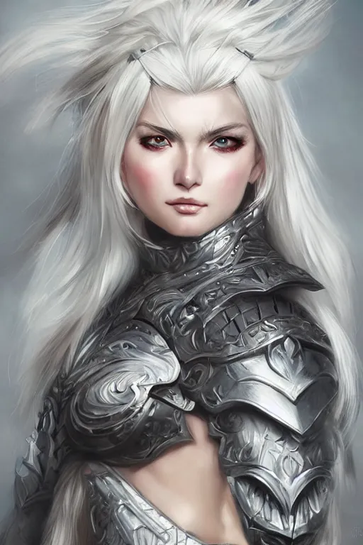 Image similar to A realistic anime portrait of a white haired female barbarian wearing an intricate armor, digital painting, by Stanley Artgerm Lau, Sakimichan, WLOP and Rossdraws, digtial painting, trending on ArtStation, SFW version