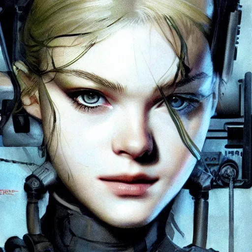 Prompt: a hyper real illustration of Elle Fanning in Metal Gear Solid by Yoji Shinkawa