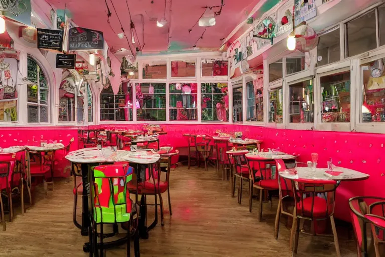 Image similar to 1 9 8 5 watermelon themed diner, very busy with full tables, fruitcore, watermeloncore, one point perspective, americana, restaurant interior photography, 5 5 mm