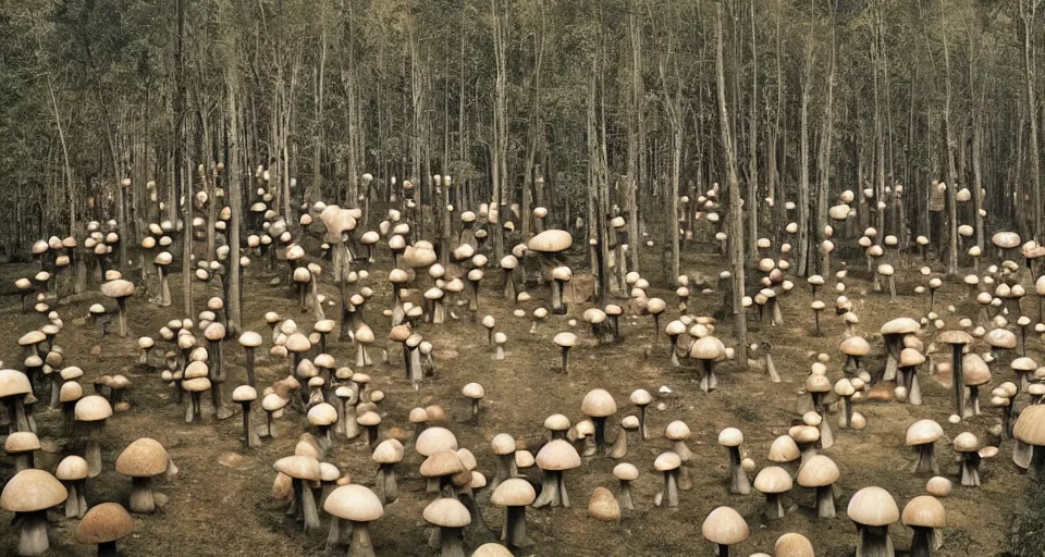 Image similar to A tribal village in a forest of giant mushrooms, by Gottfried Helnwein