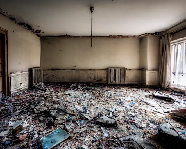Prompt: Award winning photo of a living room of a flat abandoned a month ago, urban exploring, 4k, high quality