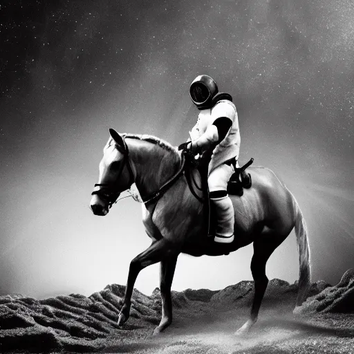 Image similar to Kanye West in space suit riding a horse in the forest, 35mm, photorealistic, studio light, noire