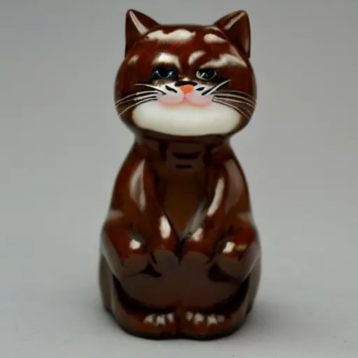 Image similar to demure anthropomorphic cat figurine wearing a kimono, brown resin, highly detailed, intricate, monotone