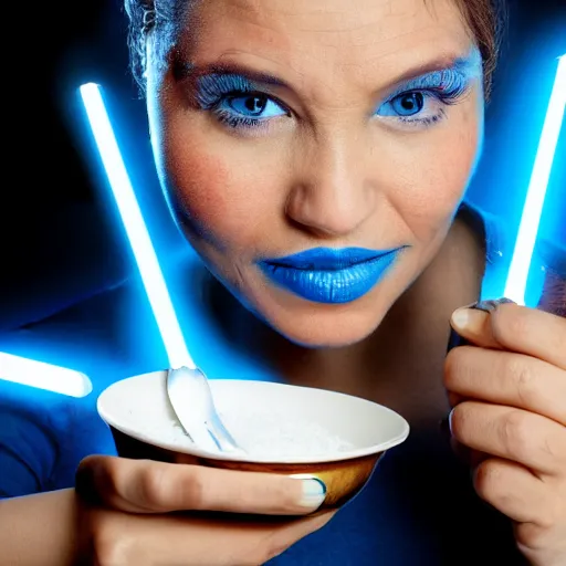 Image similar to a woman with blue skin and two lekku from star wars eats her breakfast cereal, photograph, studio lighting