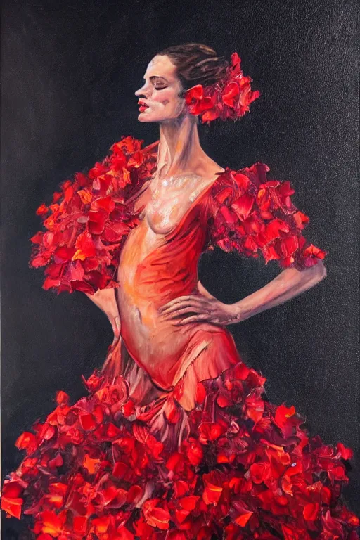 Image similar to detailed oil painting of spanish flamenco dancer wearing a red dress made of flowers engulfed in flames, she's standing waist deep in water, midnight, moon, dimly lit, looking away, dark shadows, ethereal, foggy, moody, photo realistic, high definition, 4 k, slr
