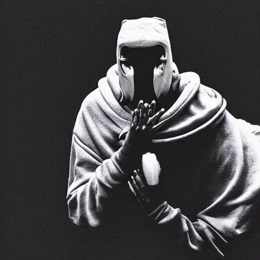 Prompt: a photo of kanye west wearing a maison margiela mask and praying, by weta digital, by weta fx, visual novel, graphite, ink, dramatic, ilford hp 5, monochrome, floodlight, shaders