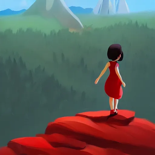 Prompt: goro fujita ilustration brunette girl in red dress climbing a mountain in the forest, painting by goro fujita, sharp focus, highly detailed, artstation