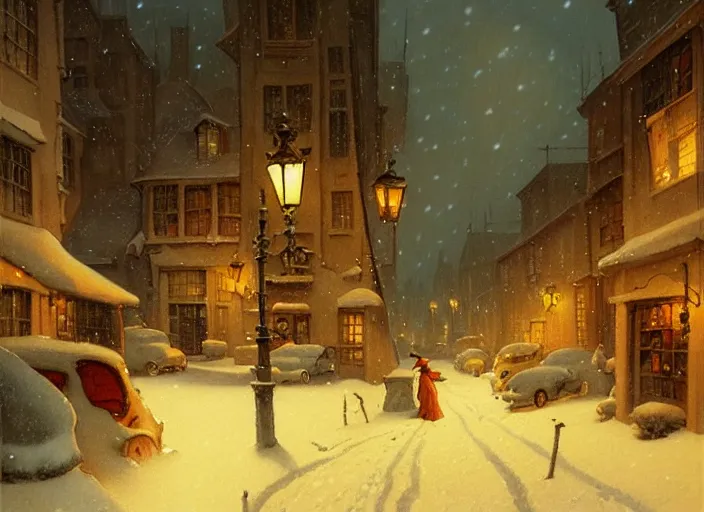 Prompt: a night scene of a snowy street, a detailed painting by anton pieck and gil elvgren, deviantart contest winner, fantasy art, concept art, official art