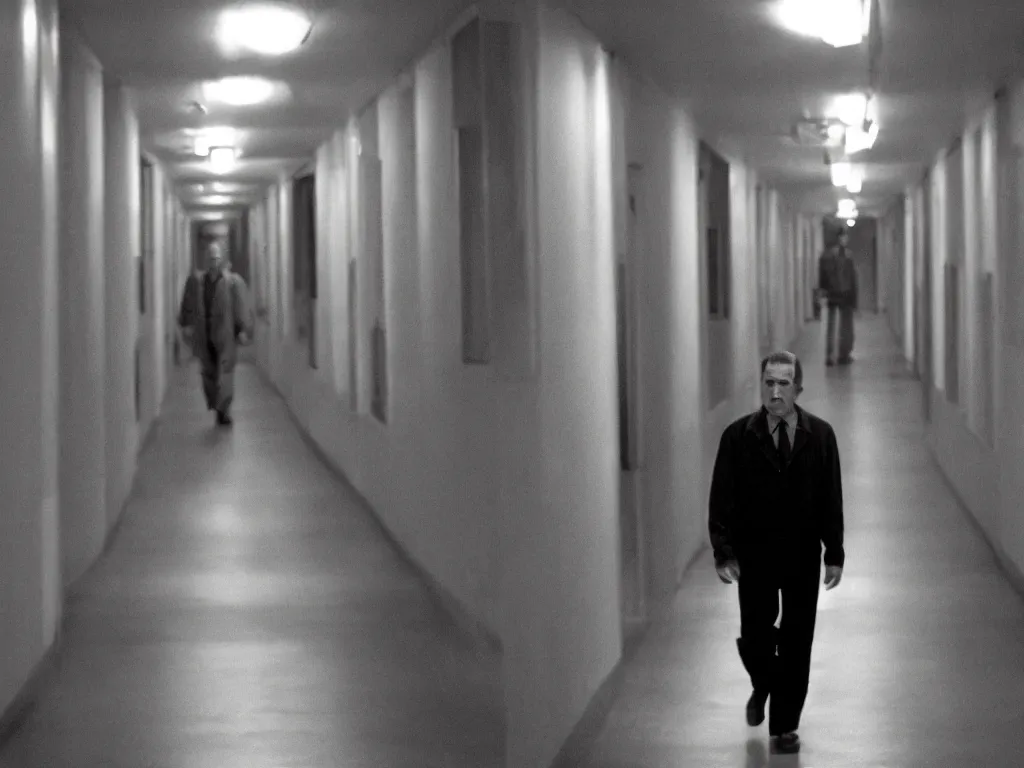 Prompt: bob from twin peaks in a long corridor