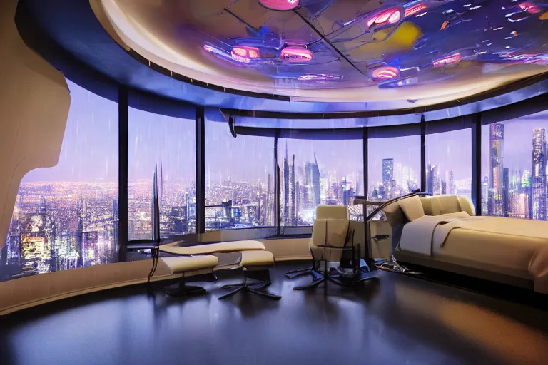 Image similar to a futuristic bedroom with large curved ceiling high windows looking out to a far future cyberpunk cityscape, cyberpunk neon lights, raining, scifi