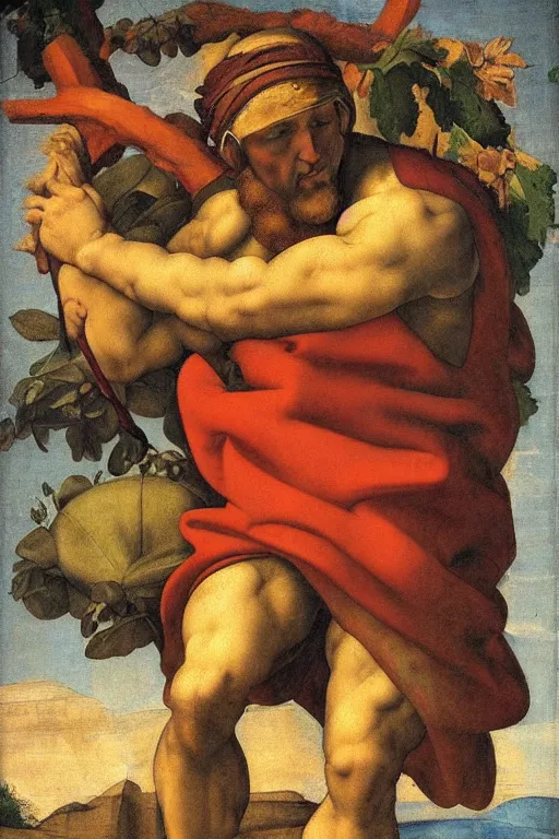 Prompt: michelangelo painting of blindfolded!!!!! jesus christ holding a cornucopia