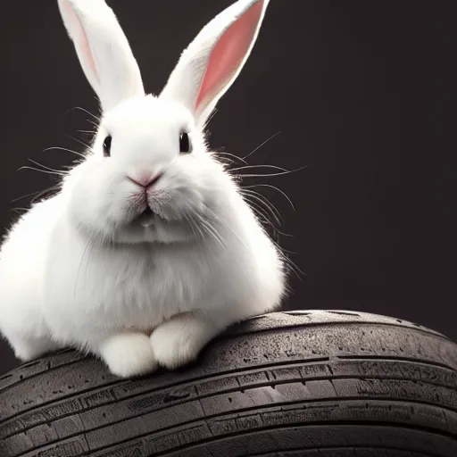 Image similar to a cute bunny sitting on a tire, studio photo, high quality