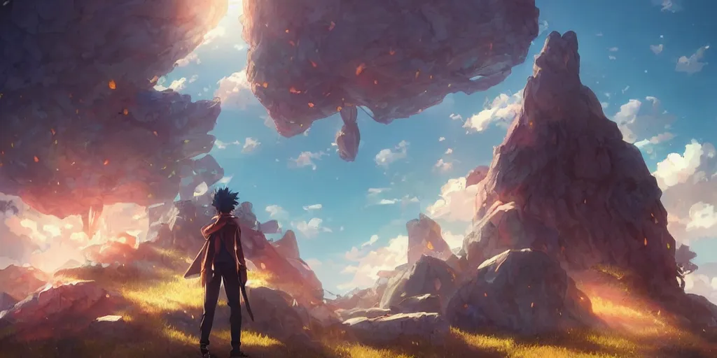 Image similar to isekai masterpiece anime man standing tree log looking up at giant crystals, high noon, cinematic, very warm colors, intense shadows, ominous clouds, anime illustration, anime screenshot composite background by mandy jurgens, by irina french, by rachel walpole, by alyn spiller