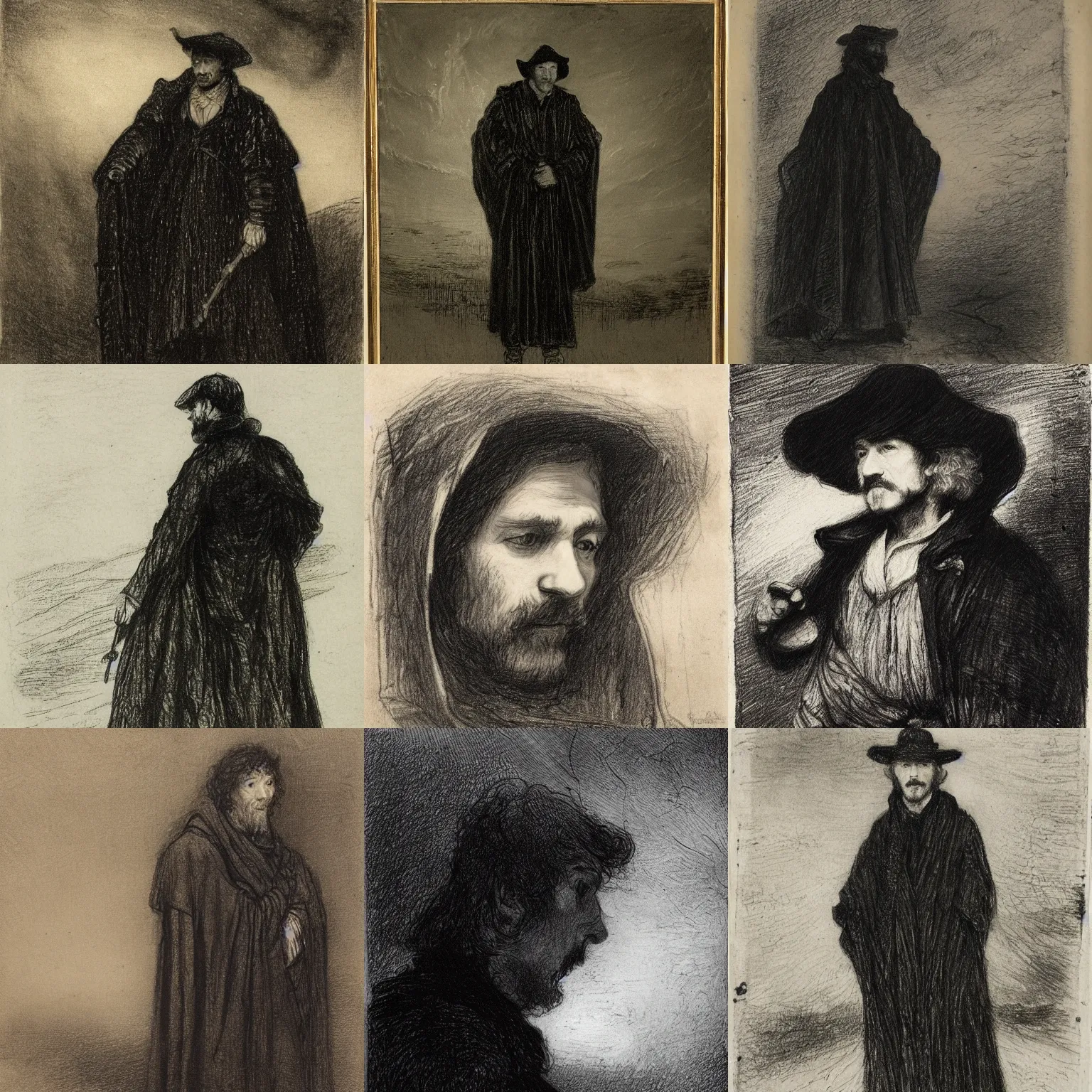 Prompt: a pale, melancholic Lee Evans in his 30s as 19th century wanderer, dressed in a worn, black traveling cloak. heavy raining, thunder storm, blue tones, darkness, highly detailed, realistic, drawing by Rembrandt and Van Dyck