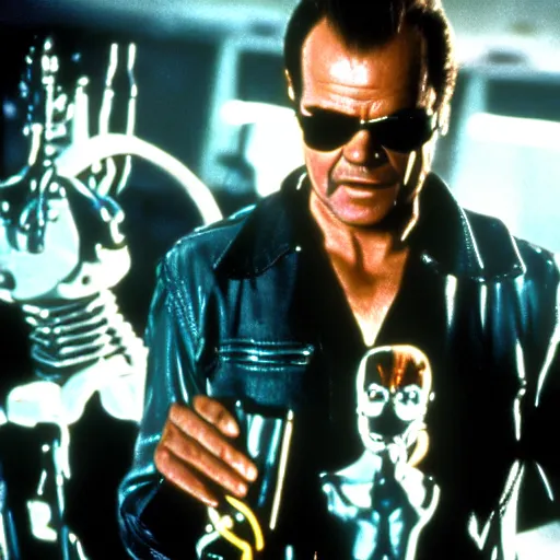 Image similar to Jack Nicholson plays Terminator, scene where his endoskeleton gets exposed, film scene 1990 cinematography