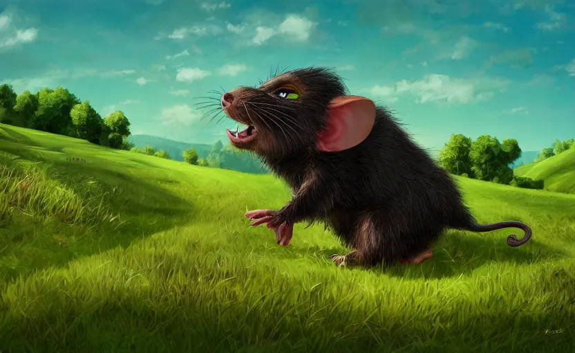 Image similar to sinister giant rat dominates the cheery landscape, rolling hills, green fields, digital art, trending on artstation