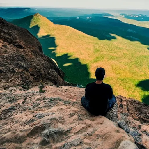 Image similar to man sitting on top peak mountain cliff looking at huge sand tornado