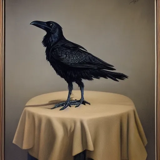 Prompt: a raven painting a self portrait by Laurie Lipton