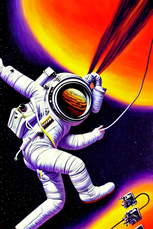 Image similar to a hyperrealistic painting of an astronaut being pulled into the vacuum of space. cinematic horror by jimmy alonzo, the art of skinner, chris cunningham, lisa frank, richard corben, highly detailed, vivid color,