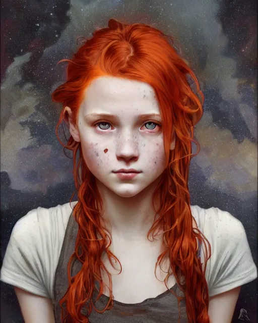 Image similar to portrait of 1 4 - year - old girl with flaming red hair, a lot of freckles, and bright brown eyes, wearing shirt, hyper realistic face, beautiful eyes, fantasy art, in the style of greg rutkowski, intricate, alphonse mucha, hyper detailed, smooth