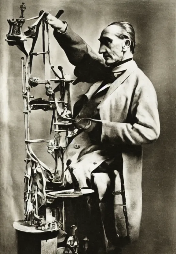 Image similar to marcel duchamp holding up a chess - piece wire - machine, a surrealist painting by marcel duchamp, complex artificial - intelligence machinery, flickr contest winner, studio portrait, 1 9 2 0 s