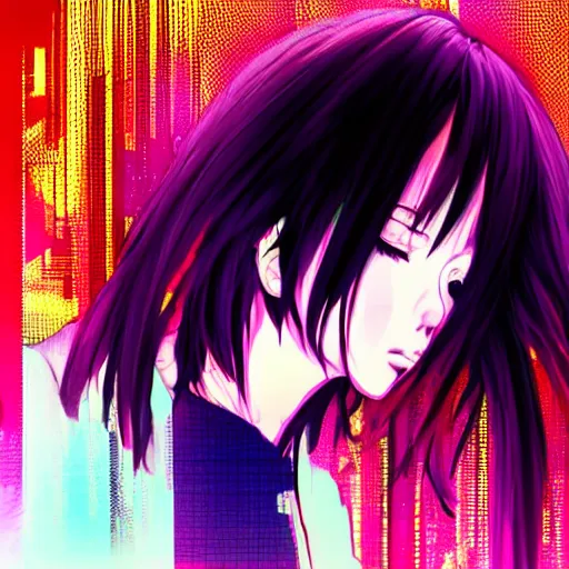 Prompt: anime girl's head splitting open, cyberpunk glitchcore synthwave art, award-winning,