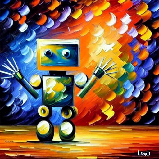 Image similar to a cute little robots painting by leonid afremov