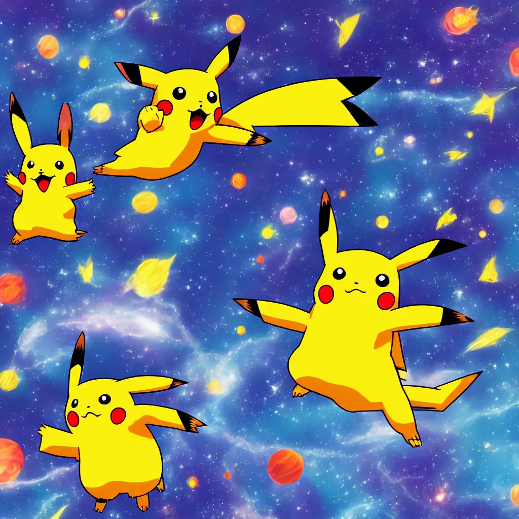 Prompt: Pikachu flying through space, high quality, digital art