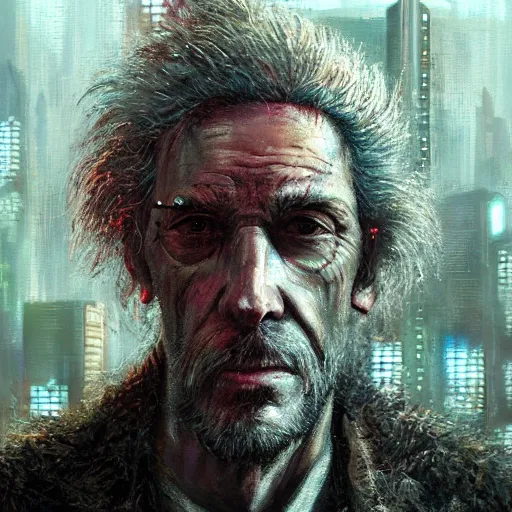 Image similar to cyberpunk, closeup portrait of a shaggy old cyberpunk fence, bald, tired eyes, tattered tweed jacket, dramatic light, city background, sunset, dystopian setting, high contrast, sharp, neuromancer, the finn, painted by stanley lau, painted by greg rutkowski, painted by stanley artgerm, digital art, trending on artstation