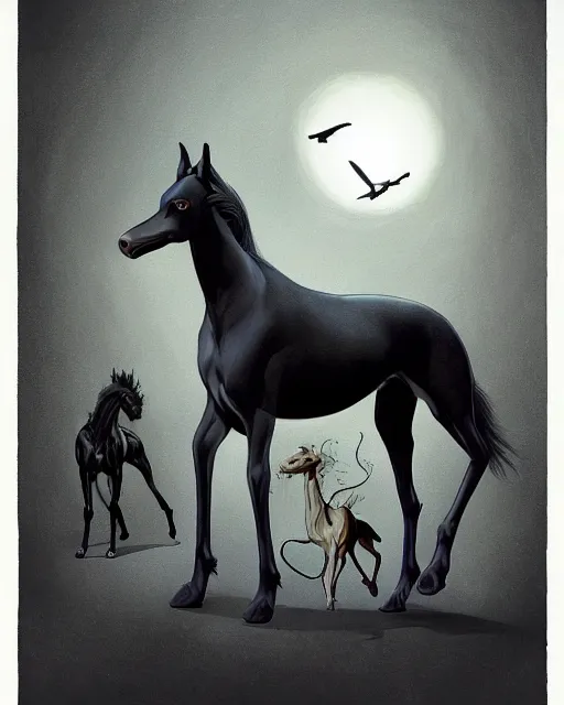 Prompt: painting of hybrid between black weimaraner & black stallion horse! & intercrossed animal, by mattias adolfsson, by tiffany bozic, cold hue's, concept art, single object scene, beautiful composition, 8 k, digital painting