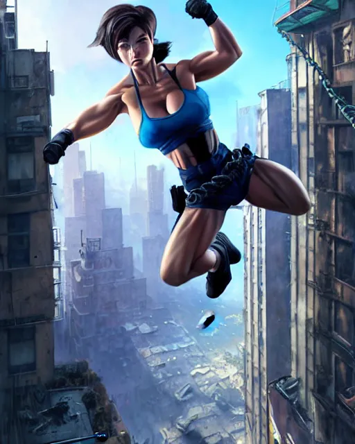 Image similar to gigachad jill valentine bodybuilder swinging from a building with a rope in racoon city, fantasy character portrait, ultra realistic, anime key visual, full body concept art, intricate details, highly detailed by greg rutkowski, ilya kuvshinov, gaston bussiere, craig mullins, simon bisley