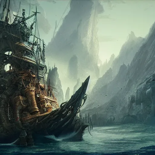 Image similar to Fantasy pirate ship, Dynamic lighting, cinematic, establishing shot, extremely high detail, foto realistic, cinematic lighting, pen and ink, intricate line drawings, post processed, concept art, artstation, matte painting, style by Raphael Lacoste, Eddie Mendoza