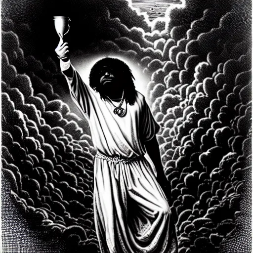 Prompt: cheef keef ascending into heaven holding cup of lean, biblical image, style of gustave dore, highly detailed, beautiful, high contrast, black and white