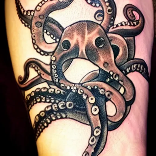 Image similar to octopus playing multiple folk instruments with its tentacles, tattoo