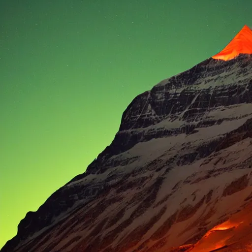 Image similar to indian flag projected illuminated on the matterhorn mountain at night, top is orange, middle white, bottom green