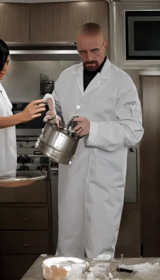 Image similar to film still of kim kardashian wearing a seductive nurse outfit whilst cooking meth as walter white helps her aside, inside an rv on the tv show breaking bad, full-shot, 4k