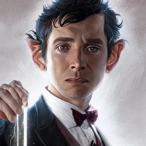 Prompt: portrait of a hobbit gentleman in a tuxedo, Cinematic lightning, D&D, fantasy, highly detailed, digital painting, sharp focus, illustration, art by artgerm and greg rutkowski and magali villeneuve