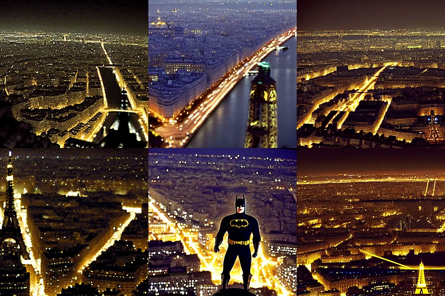 Prompt: batman on top of the eiffel tower overlooking paris at night, 4 k, the dark knight ( 2 0 0 8 ), sharp focus, screencap, highly detailed, christopher nolan, cinematic, film footage