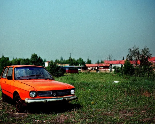 Image similar to a lomographic photo of old lada 2 1 0 7 standing in typical soviet yard in small town, hrushevka on background, cinestill, bokeh