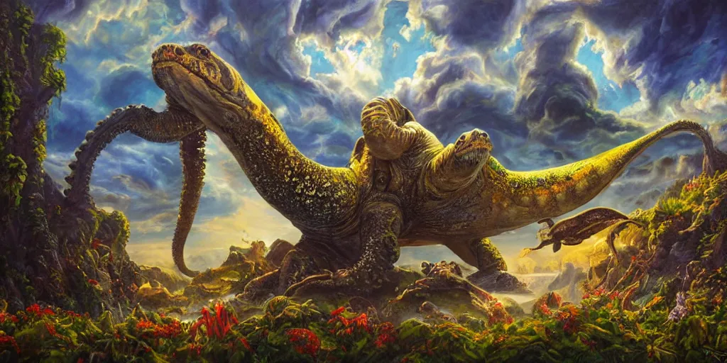 Image similar to fantasy oil painting, great leviathan, cybernetic turtle cephalopod terrapin reptilian pachyderm squid, bella hadid, hybrid, milla jovovich, anubis, epic natural light, lush plants flowers, spectacular mountains, bright clouds, luminous sky, outer worlds, golden hour, michael cheval, edward hopper, michael whelan, vray, hd