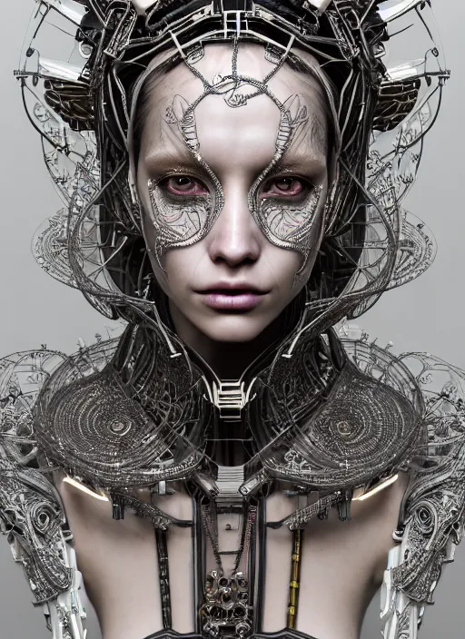 Prompt: portrait of an absurdly beautiful, graceful, sophisticated, fashionable cyberpunk mechanoid, hyperdetailed illustration by irakli nadar and vania zouravliov, matt wisniewski style, intricate linework, white porcelain skin, metal tribal headdress, day - glow face paint, unreal engine 5 highly rendered, global illumination, radiant light, detailed and intricate environment